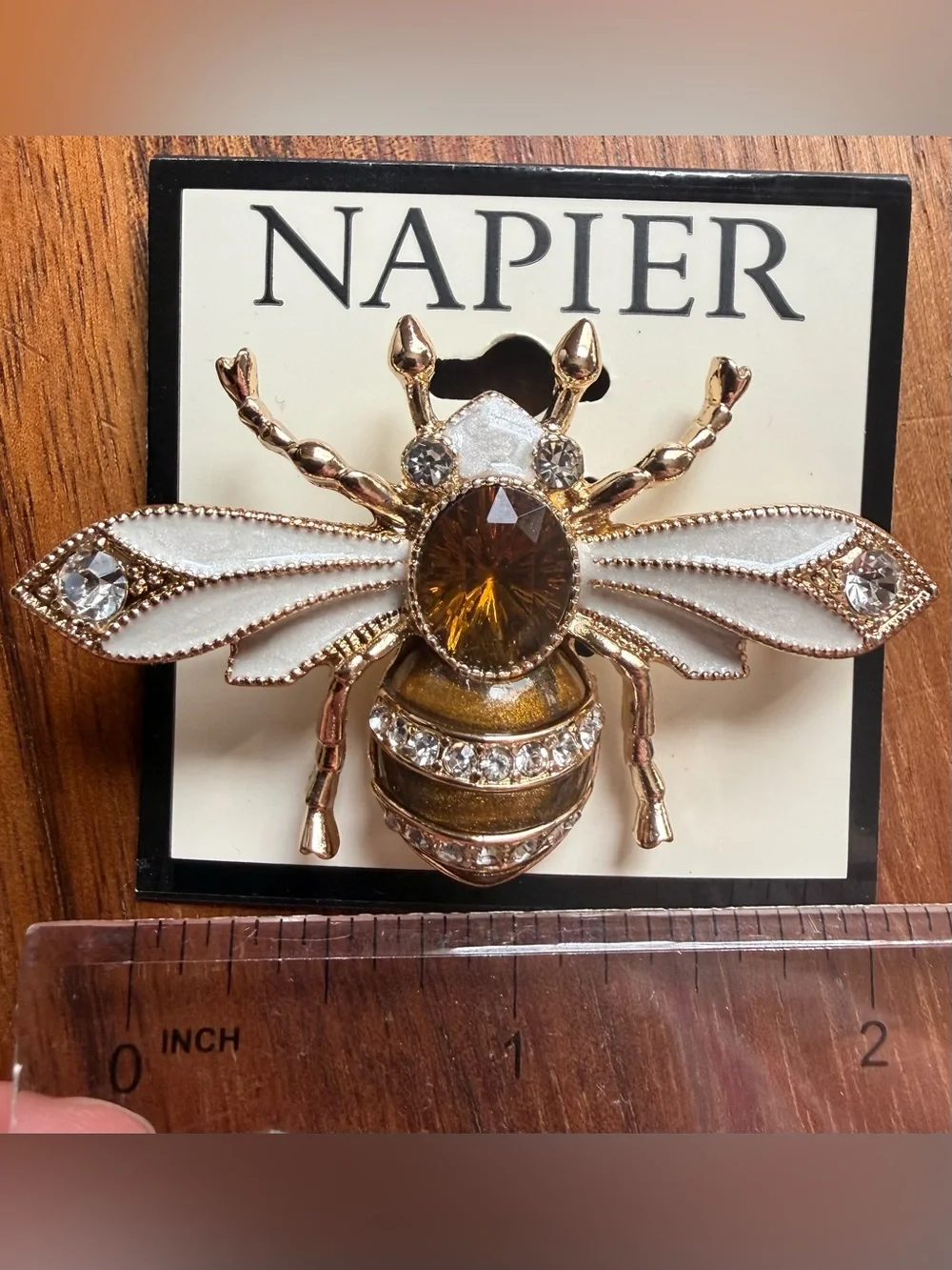 Napier Gold-Tone Bee Brooch with White Enamel Wings and Amber Center Rhinestone